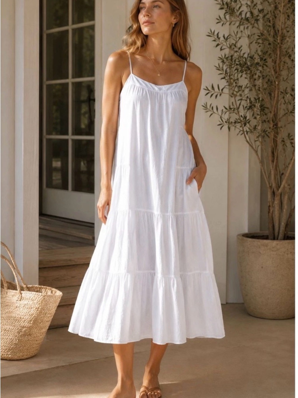 Jenni Kayne White Tiered Spaghetti-Strap Maxi Dress